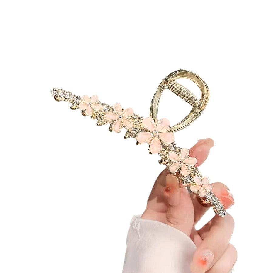 Pink Camellia Large Hair Claw Clip with Rhinestones open claw side view