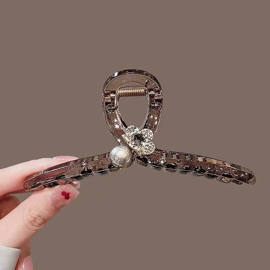Brown Tortoiseshell Flat Hair Claw Clip with Pearl Flower front view