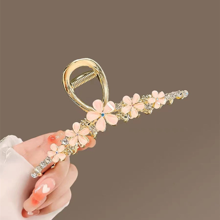 Pink Camellia Large Hair Claw Clip with Rhinestones angled view