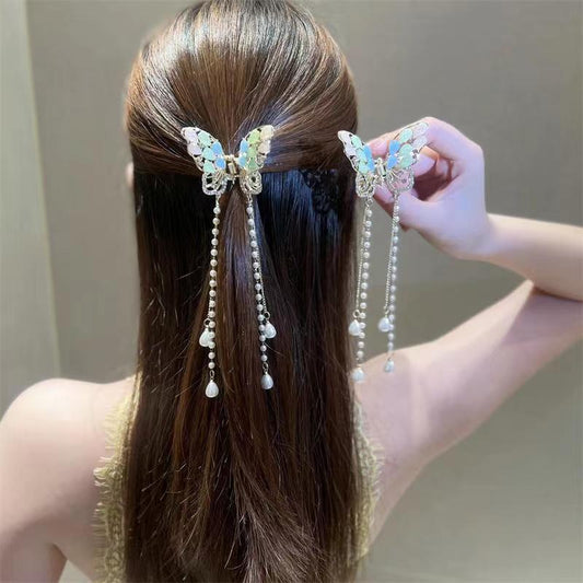 Pastel Butterfly Hair Claw Clip with Pearl Tassels