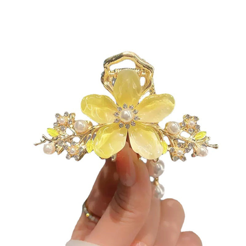 Pearl Orchid Tassel Hair Claw Clip for Half-Up Styles open claw side view
