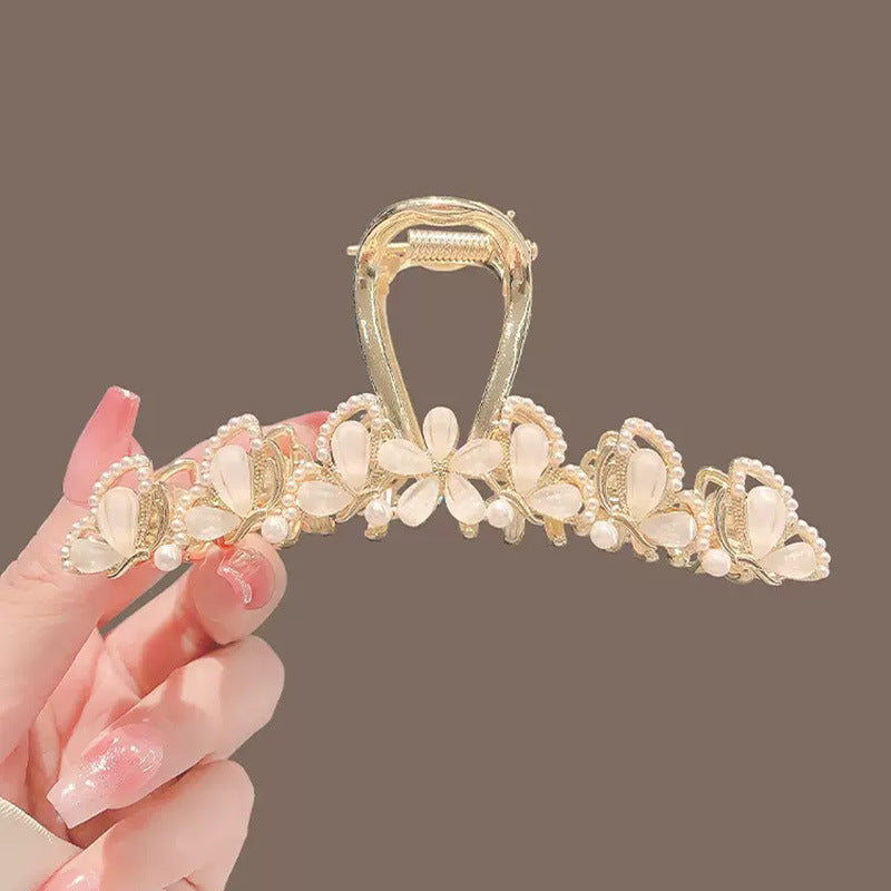 Large Gold Leaf Hair Claw Clip with Jade Flower front view