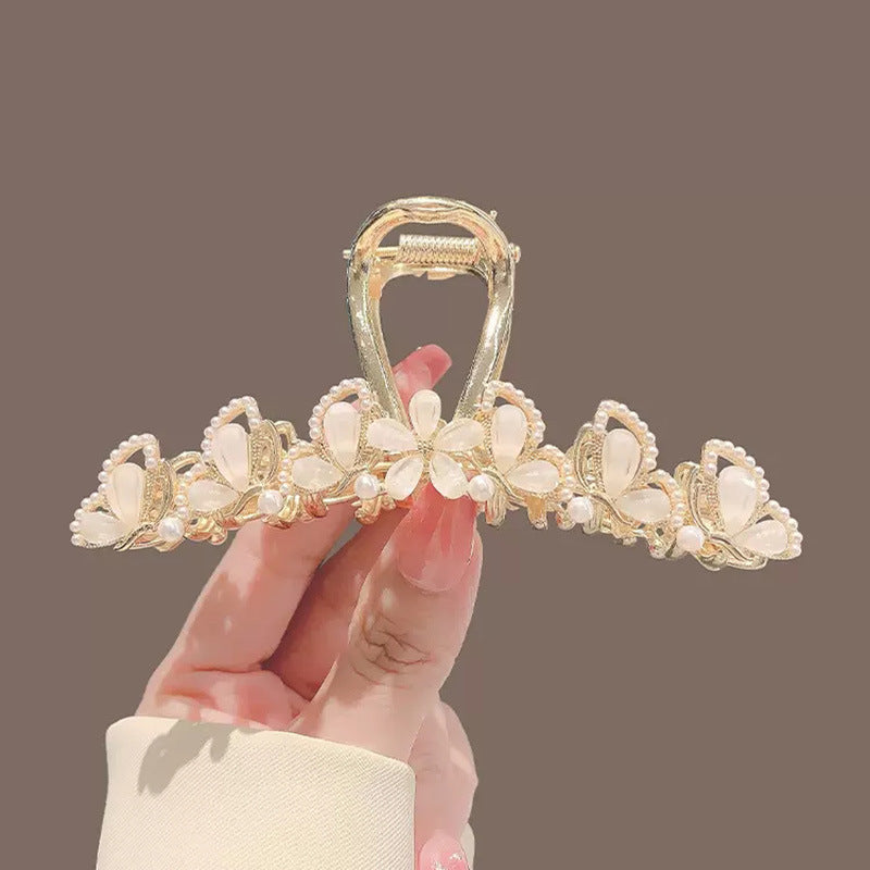 Large Gold Leaf Hair Claw Clip with Jade Flower
