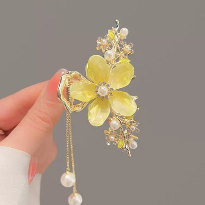 Pearl Orchid Tassel Hair Claw Clip for Half-Up Styles front view