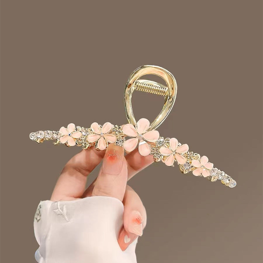 Pink Camellia Large Hair Claw Clip with Rhinestones front view