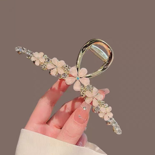 Pink Camellia Large Hair Claw Clip with Rhinestones