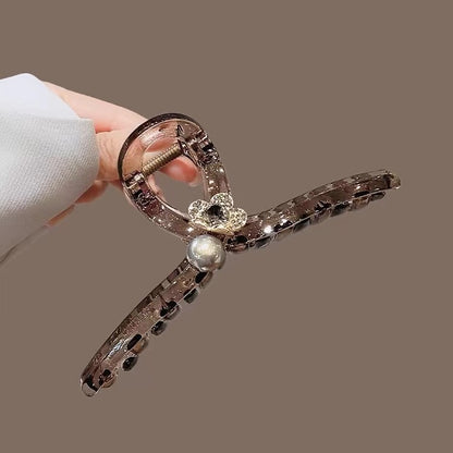 Brown Tortoiseshell Flat Hair Claw Clip with Pearl Flower angled view