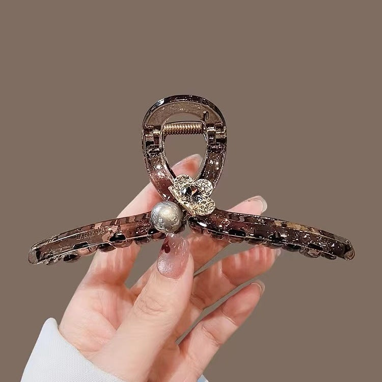 Brown Tortoiseshell Flat Hair Claw Clip with Pearl Flower