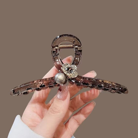 Brown Tortoiseshell Flat Hair Claw Clip with Pearl Flower