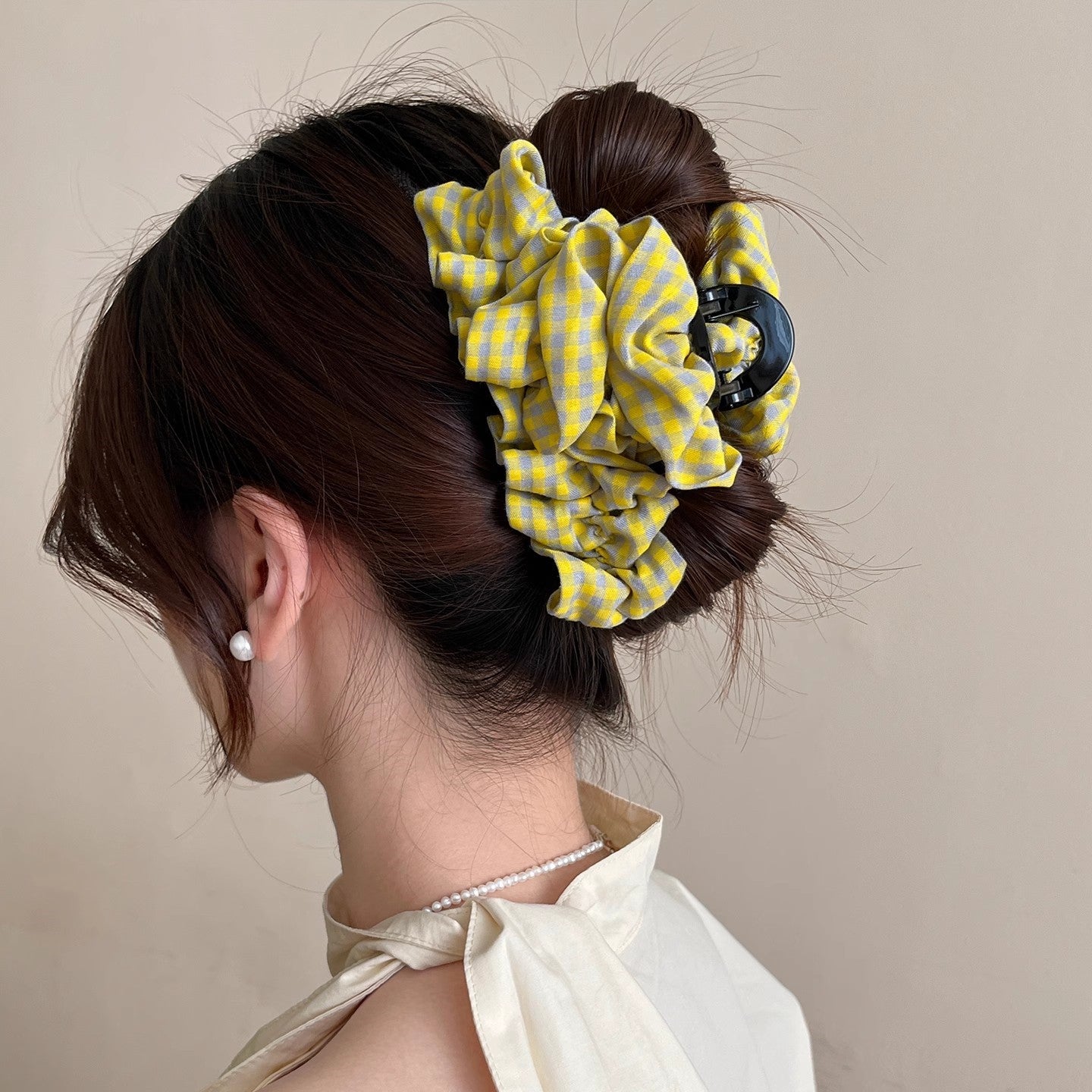 Gingham Ruffle Hair Claw Clip