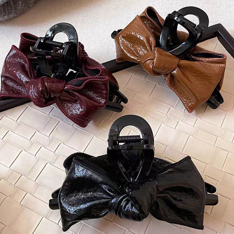 Glossy Faux Leather Bow Hair Claw Clip view 2