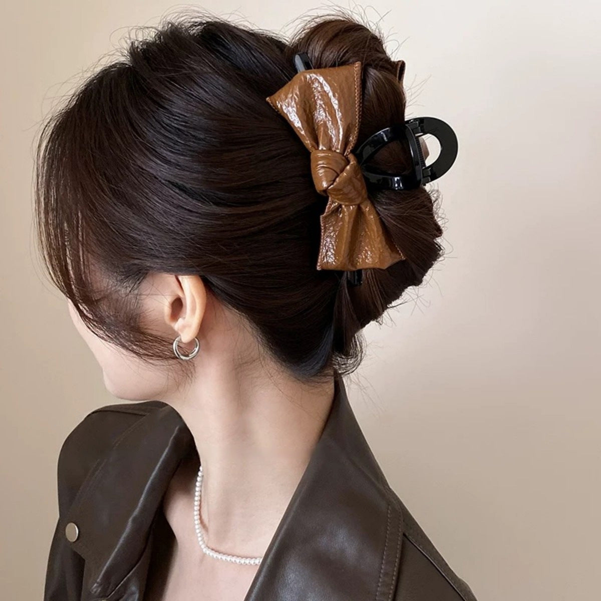 Glossy Faux Leather Bow Hair Claw Clip view 3