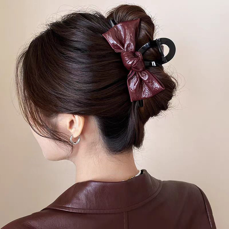 Glossy Faux Leather Bow Hair Claw Clip view 4