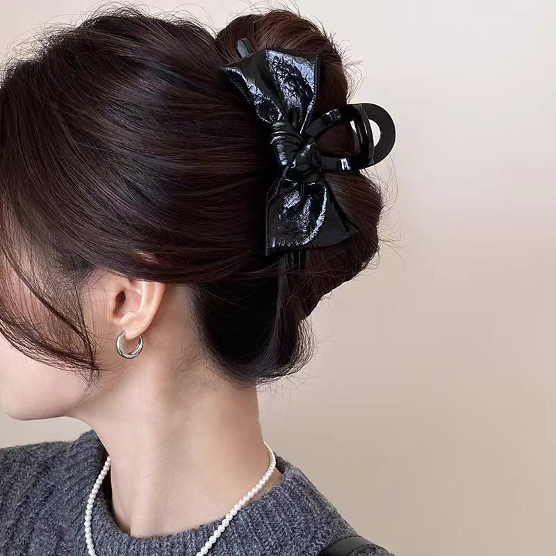 Glossy Faux Leather Bow Hair Claw Clip