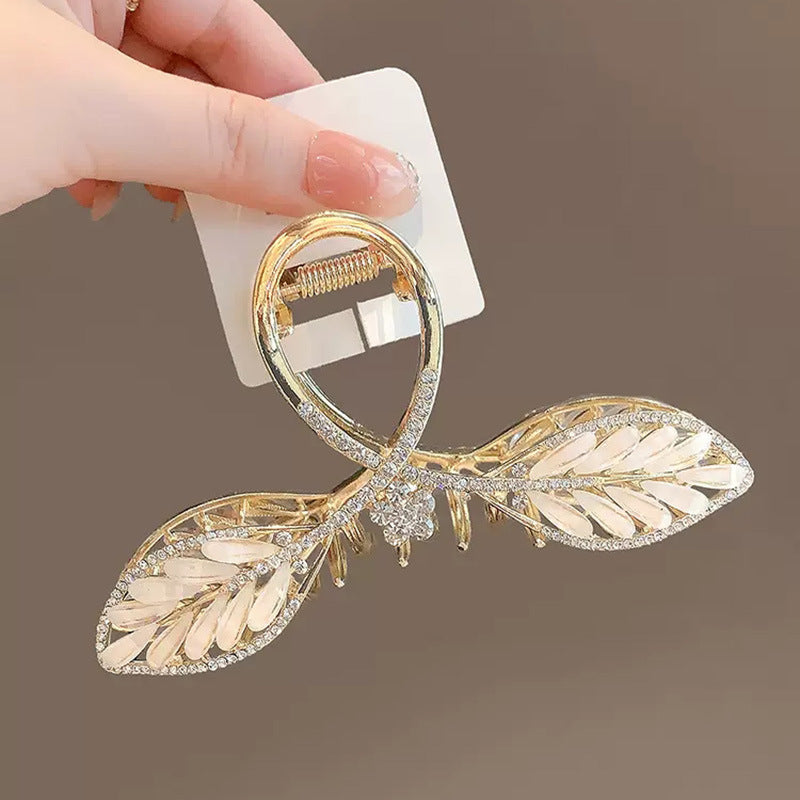Gold Leaf Hair Claw Clip with White Inlay and Rhinestones front view