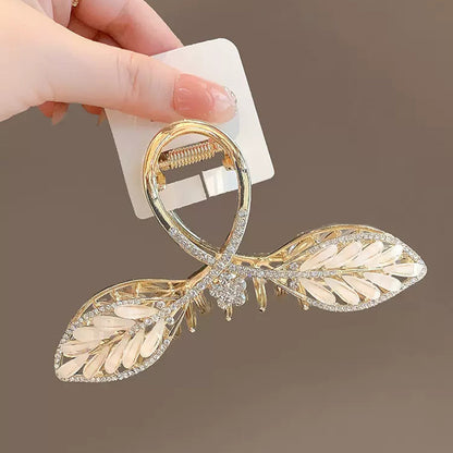Gold Leaf Hair Claw Clip with White Inlay and Rhinestones front view