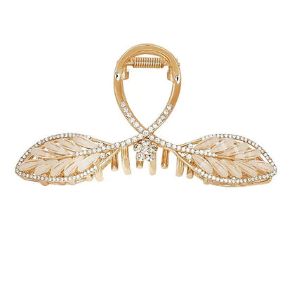 Gold Leaf Hair Claw Clip with White Inlay and Rhinestones on white background