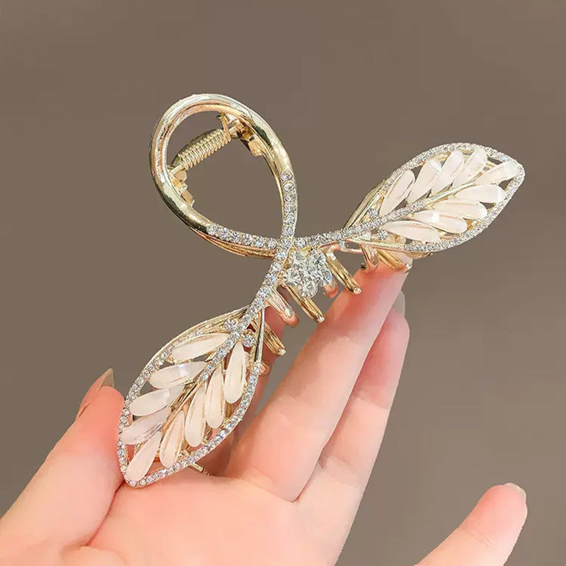 Gold Leaf Hair Claw Clip with White Inlay and Rhinestones