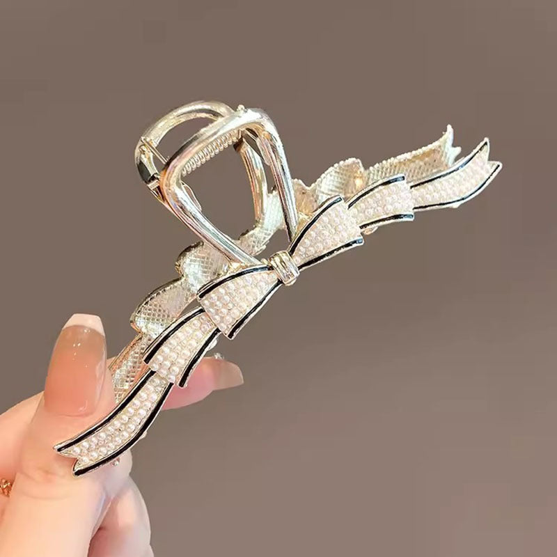 Gold Pearl Bow Hair Claw Clip back view