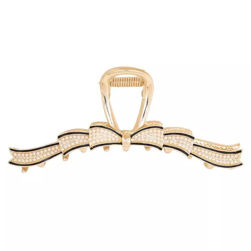 Gold Pearl Bow Hair Claw Clip on white background
