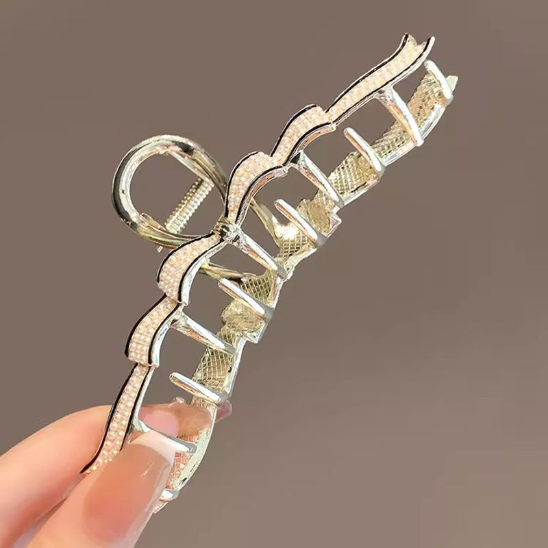 Gold Pearl Bow Hair Claw Clip side view