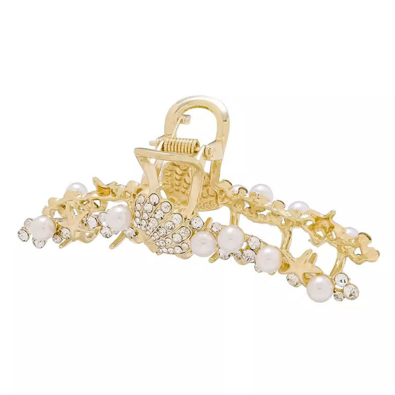 Gold Pearl Shell Starfish Hair Claw Clip back view