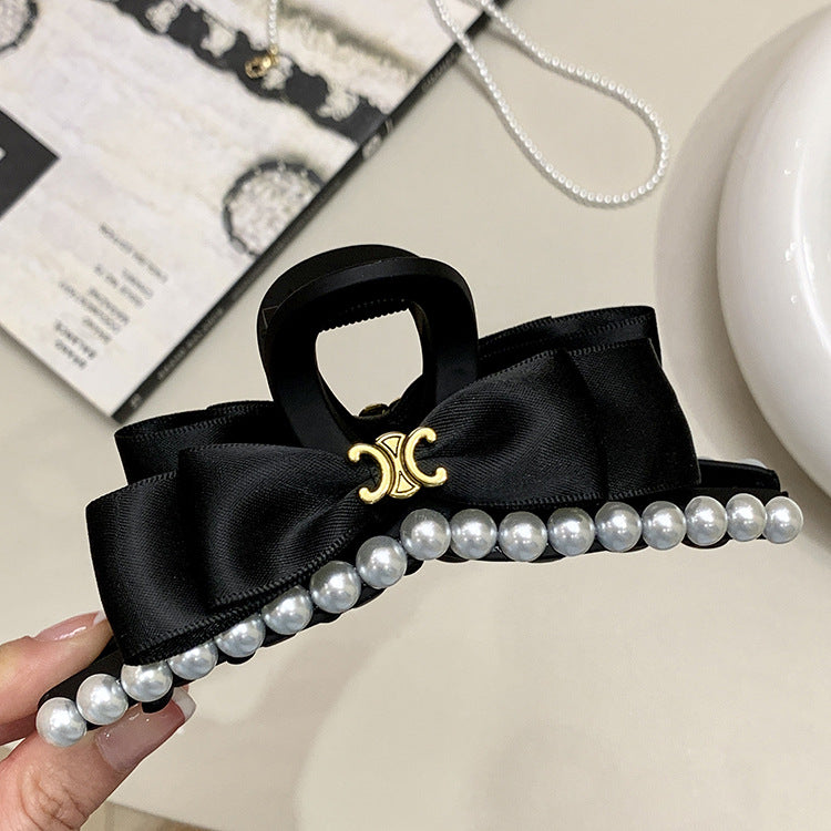 Large Black Bow Pearl Hair Claw Clip view 2