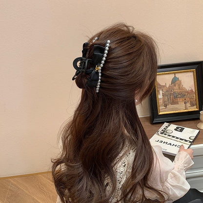 Large Black Bow Pearl Hair Claw Clip view 3