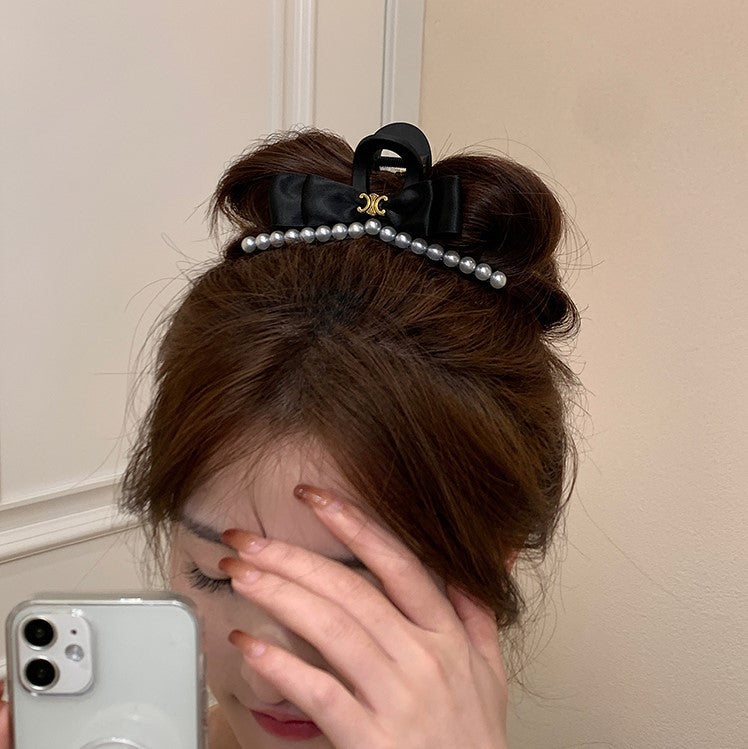 Large Black Bow Pearl Hair Claw Clip view 4