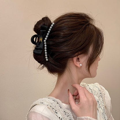 Large Black Bow Pearl Hair Claw Clip