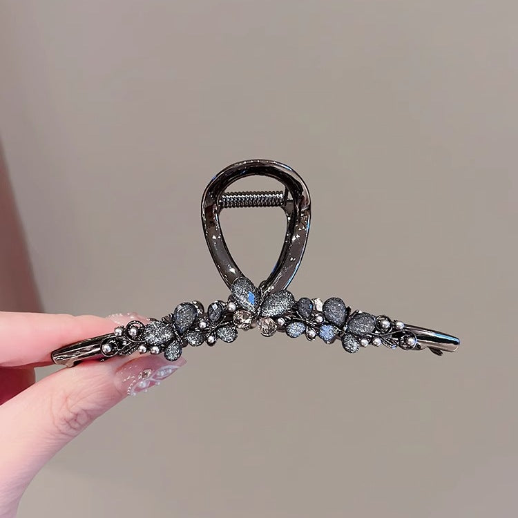 Large Black Butterfly Hair Claw Clip with Pearl Detail front view
