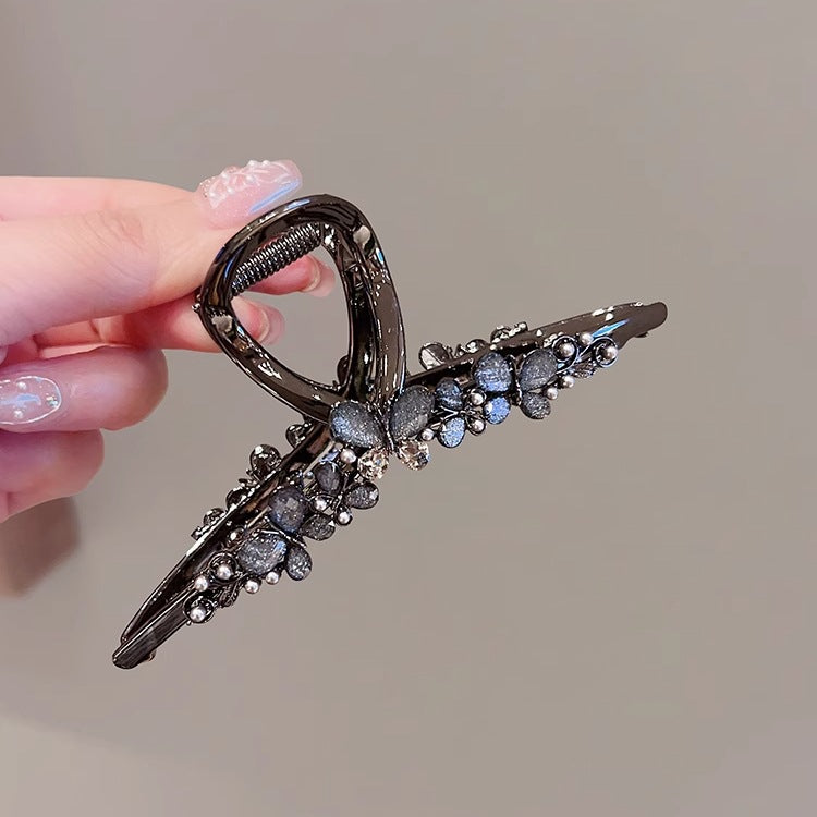 Large Black Butterfly Hair Claw Clip with Pearl Detail