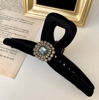 Large Black Velvet Rhinestone Hair Claw Clip view 2