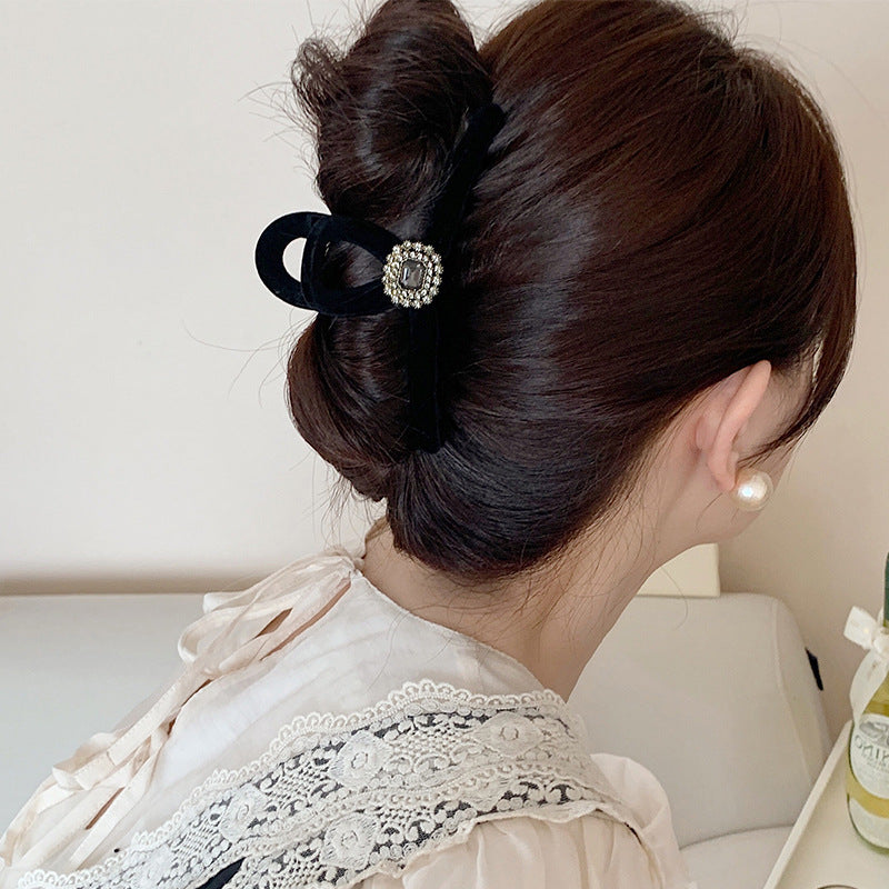 Large Black Velvet Rhinestone Hair Claw Clip view 3