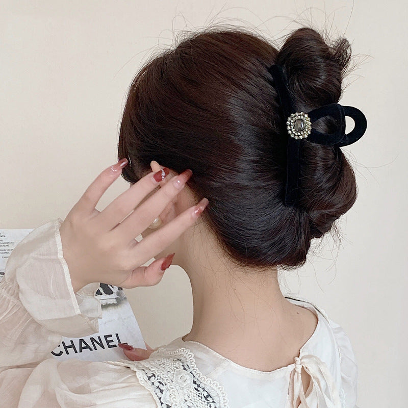 Large Black Velvet Rhinestone Hair Claw Clip view 4