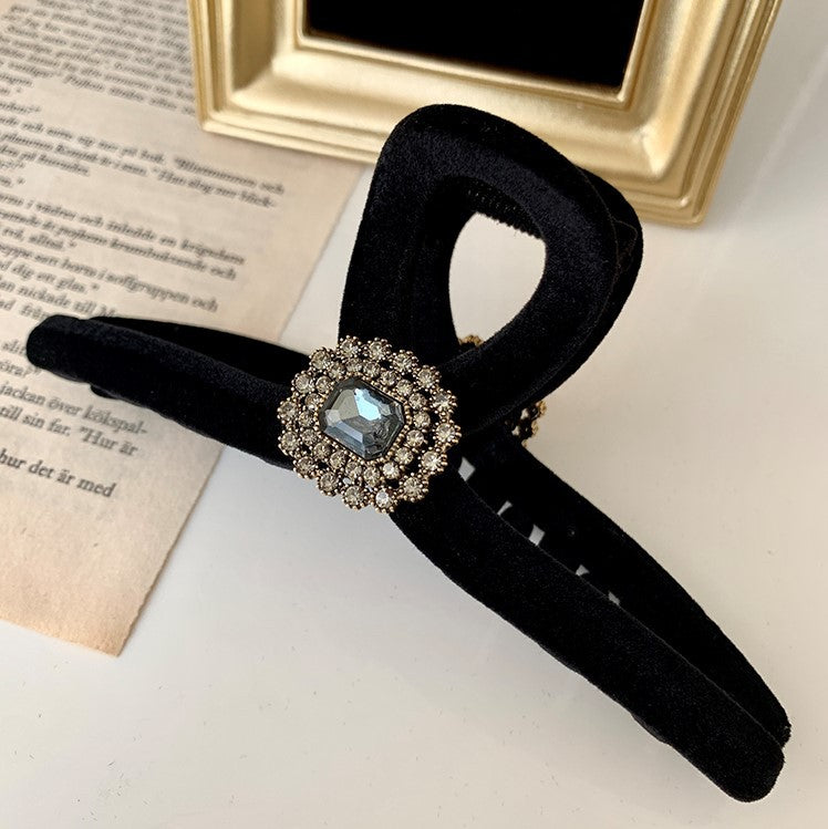 Large Black Velvet Rhinestone Hair Claw Clip view 6