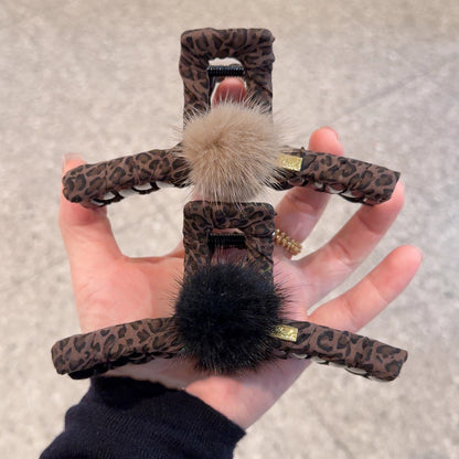 Leopard Pom Pom Hair Claw Clip