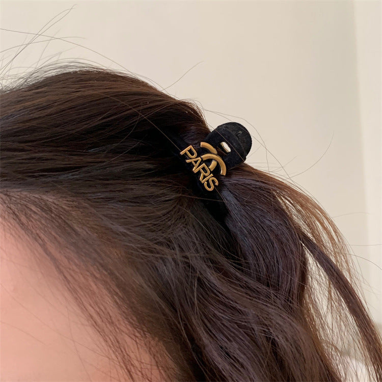Mini Velvet Hair Claw Clip with Metal Totem Detail view 4