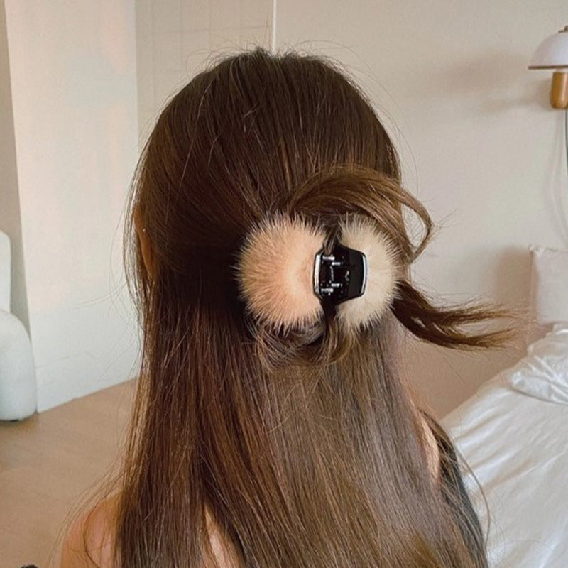 Mink Pom Mini Hair Claw Clip