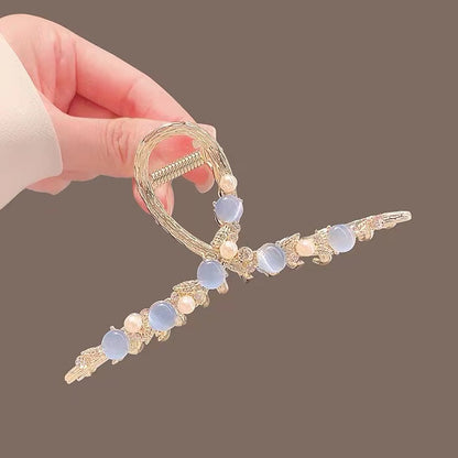 Ocean Blue Pearl Leaf Hair Claw Clip view 4
