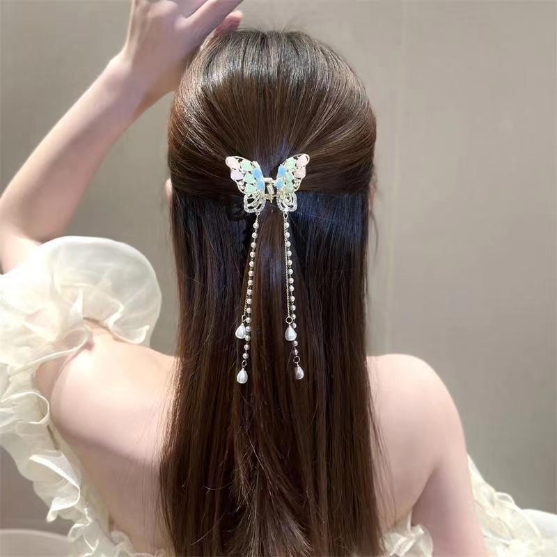 Pastel Butterfly Hair Claw Clip with Pearl Tassels view 3
