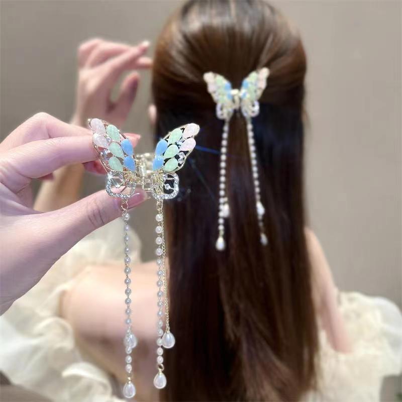 Pastel Butterfly Hair Claw Clip with Pearl Tassels view 4