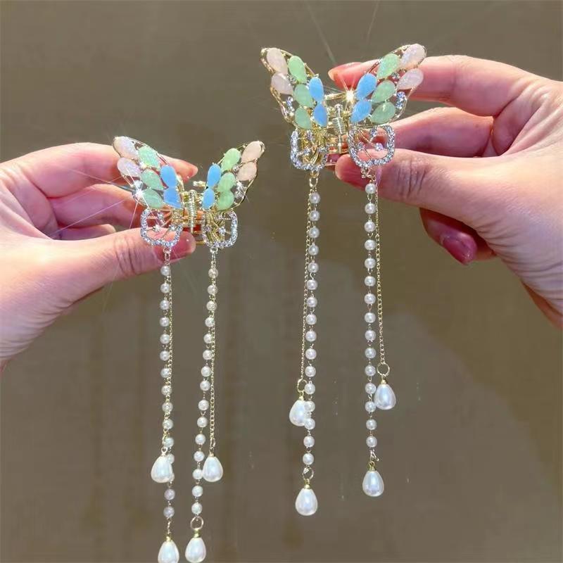 Pastel Butterfly Hair Claw Clip with Pearl Tassels view 5