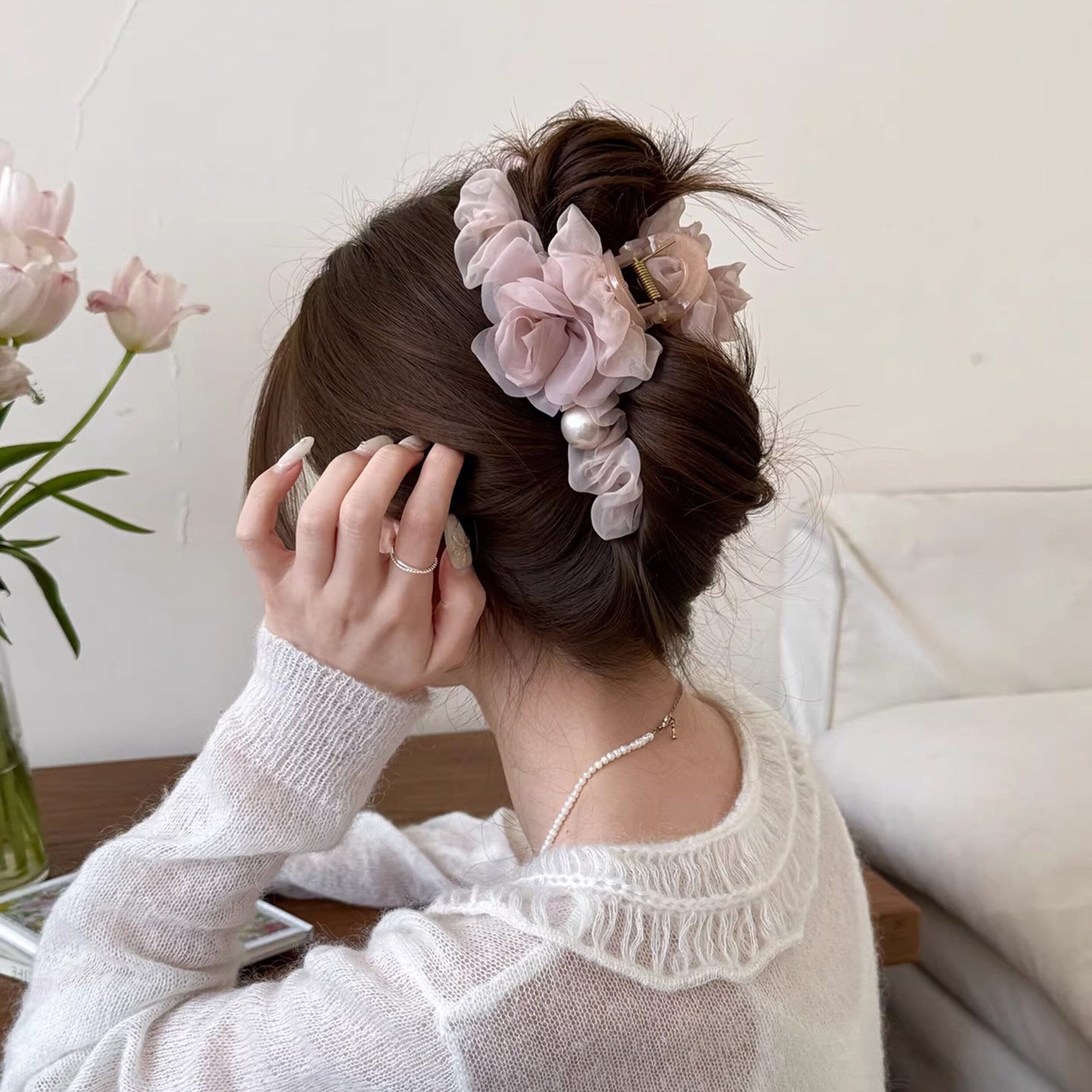 Pearl Organza Flower Hair Claw Clip view 3