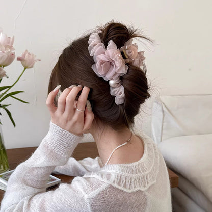Pearl Organza Flower Hair Claw Clip view 3