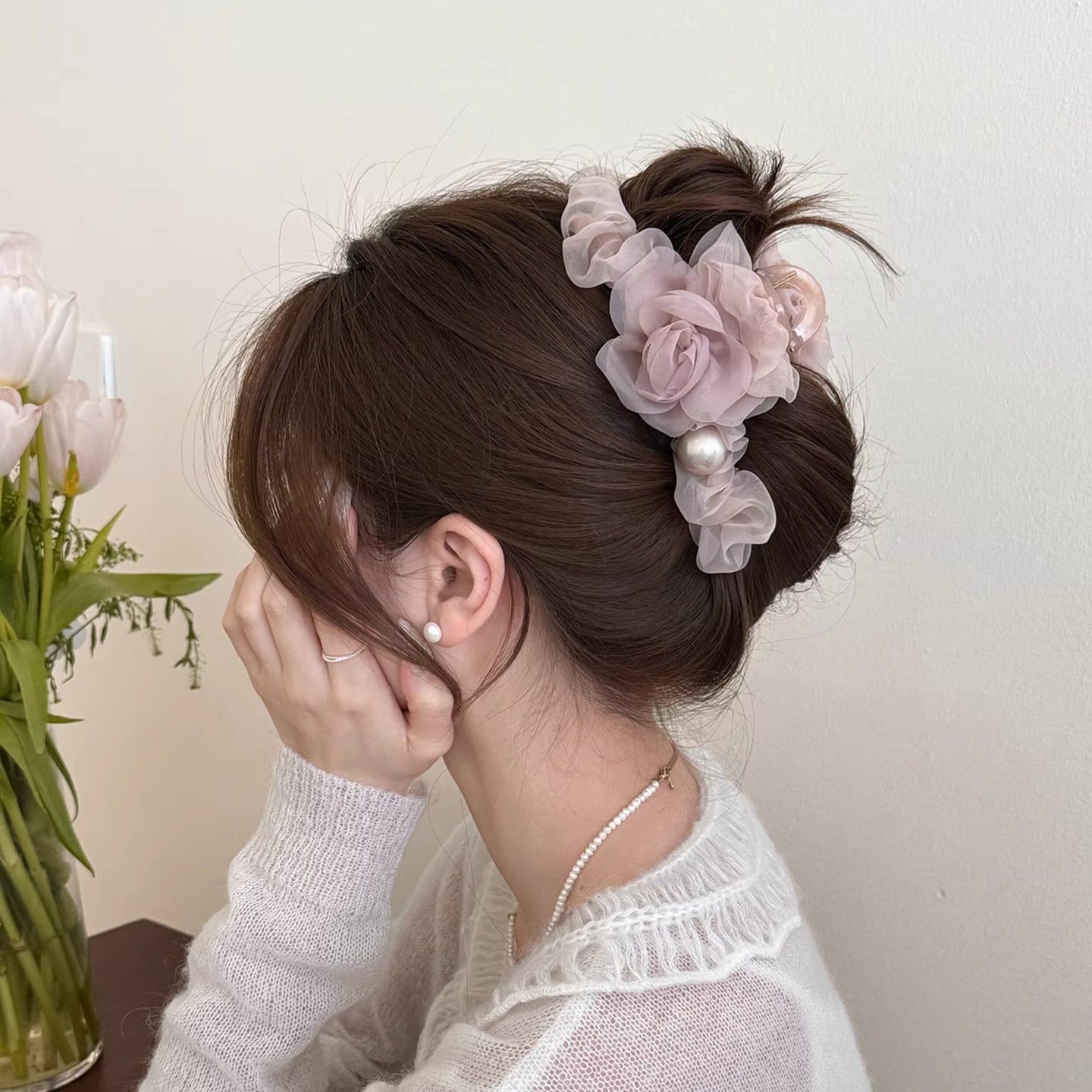 Pearl Organza Flower Hair Claw Clip view 6