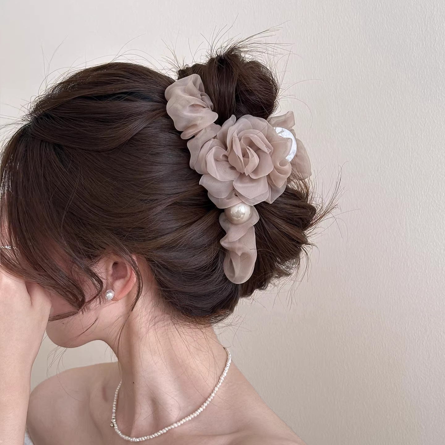 Pearl Organza Flower Hair Claw Clip