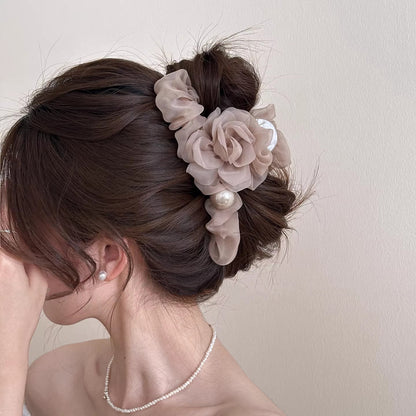 Pearl Organza Flower Hair Claw Clip