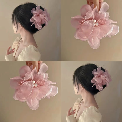 Pink Mesh Flower Hair Claw Clip