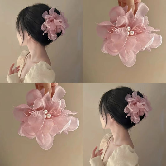 Pink Mesh Flower Hair Claw Clip